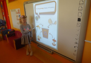 Dziewczynka stoi pod tablicą interaktywną i wskaźnikiem pokazuje skórkę po bananie.